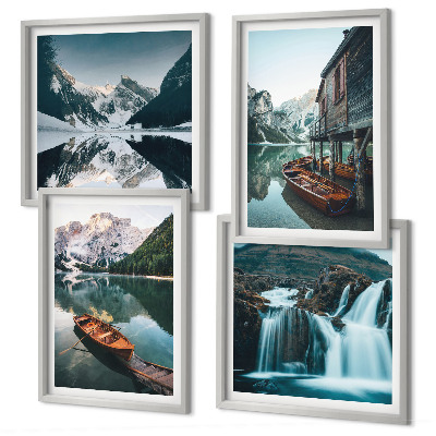 Set of 4 wall art pieces Mountain lakes boats reflection