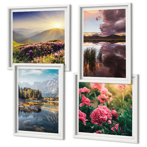 Multi-piece wall decor set featuring a flowers garden, mountain, and meadow water scene