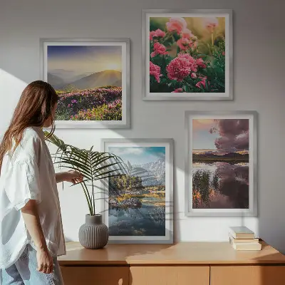 Multi-piece wall decor set featuring a flowers garden, mountain, and meadow water scene