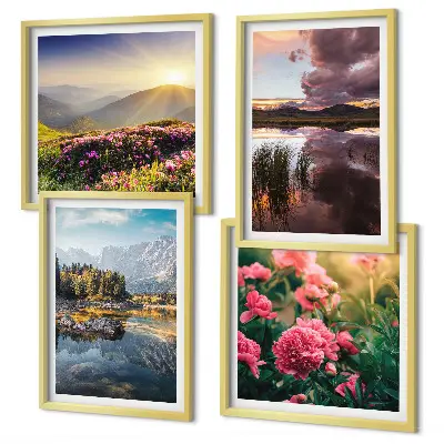 Multi-piece wall decor set featuring a flowers garden, mountain, and meadow water scene