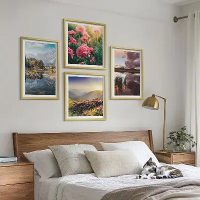 Multi-piece wall decor set featuring a flowers garden, mountain, and meadow water scene