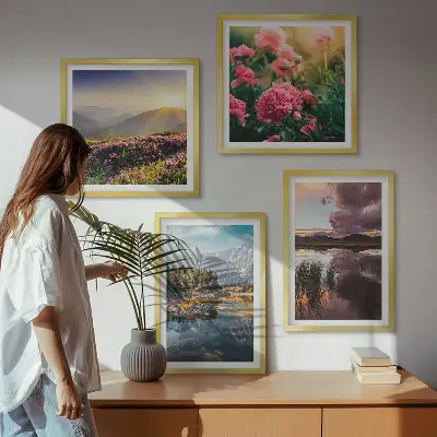 Multi-piece wall decor set featuring a flowers garden, mountain, and meadow water scene