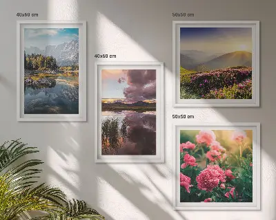 Multi-piece wall decor set featuring a flowers garden, mountain, and meadow water scene