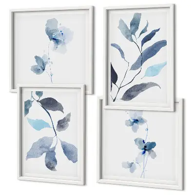 Blue leaves watercolor wall art set of 4 pieces