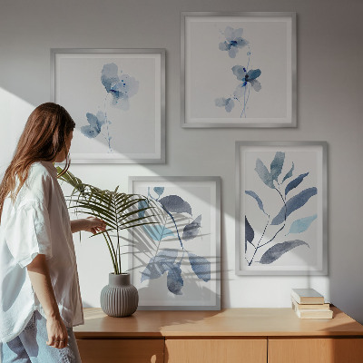 Set of 4 wall art pieces Blue leaves watercolor