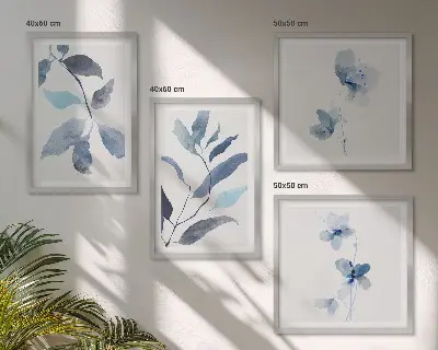 Blue leaves watercolor wall art set of 4 pieces