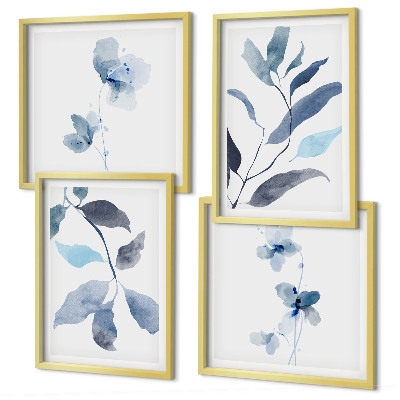 Set of 4 wall art pieces Blue leaves watercolor
