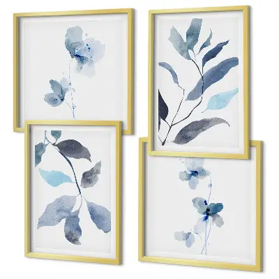 Blue leaves watercolor wall art set of 4 pieces