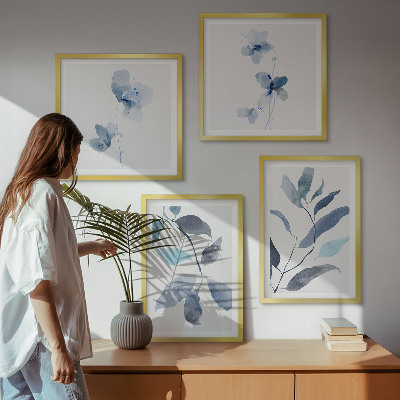 Set of 4 wall art pieces Blue leaves watercolor