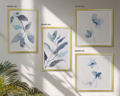 Set of 4 wall art pieces Blue leaves watercolor