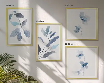 Blue leaves watercolor wall art set of 4 pieces