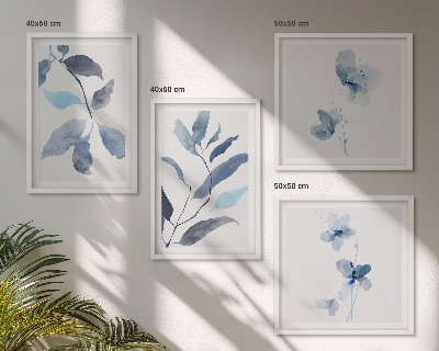 Set of 4 wall art pieces Blue leaves watercolor
