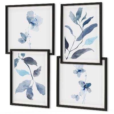 Set of 4 wall art pieces Blue leaves watercolor