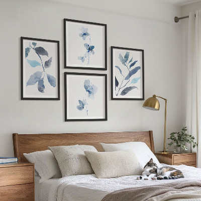Set of 4 wall art pieces Blue leaves watercolor