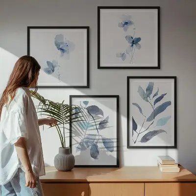 Blue leaves watercolor wall art set of 4 pieces