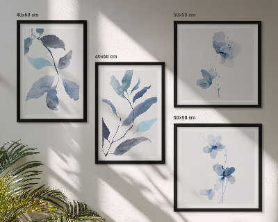 Set of 4 wall art pieces Blue leaves watercolor
