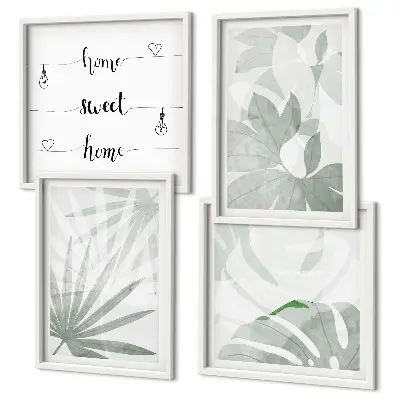 Wall art set with a greenish-gray plant leaves design