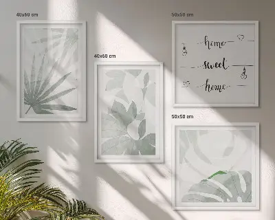 Wall art set with a greenish-gray plant leaves design