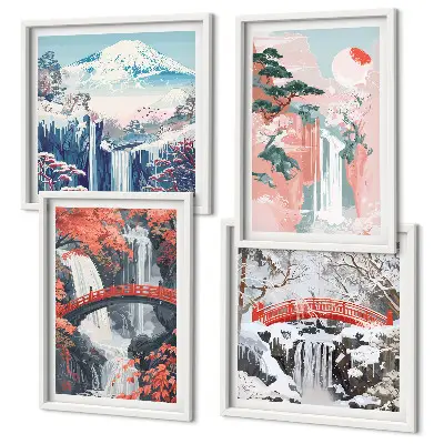 Set of 4 wall art pieces depicting waterfalls bridges trees and seasons