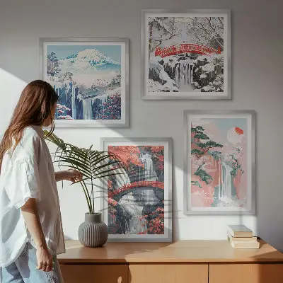 Set of 4 wall art pieces depicting waterfalls bridges trees and seasons