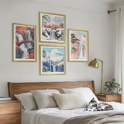Set of 4 wall art pieces depicting waterfalls bridges trees and seasons