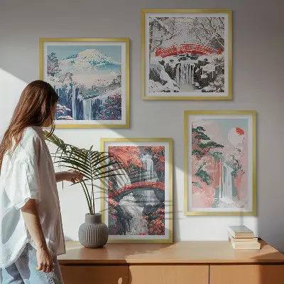 Set of 4 wall art pieces depicting waterfalls bridges trees and seasons