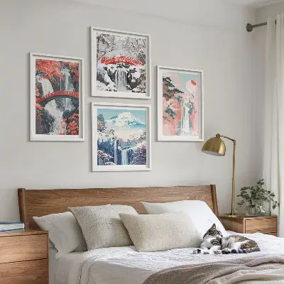 Set of 4 wall art pieces depicting waterfalls bridges trees and seasons