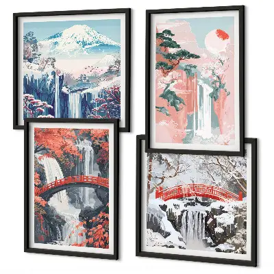 Set of 4 wall art pieces depicting waterfalls bridges trees and seasons