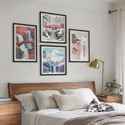 Set of 4 wall art pieces depicting waterfalls bridges trees and seasons