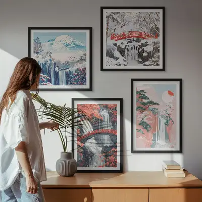 Set of 4 wall art pieces depicting waterfalls bridges trees and seasons