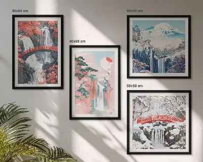 Set of 4 wall art pieces depicting waterfalls bridges trees and seasons