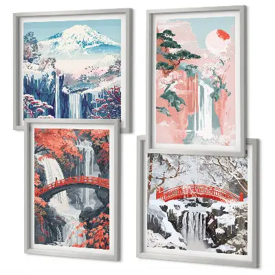 Set of 4 wall art pieces depicting waterfalls bridges trees and seasons