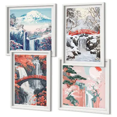 Multi-piece wall decor set featuring mountain landscapes and waterfalls