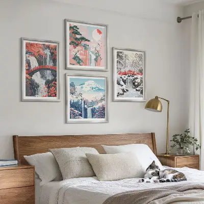 Multi-piece wall decor set featuring mountain landscapes and waterfalls