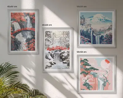 Multi-piece wall decor set featuring mountain landscapes and waterfalls