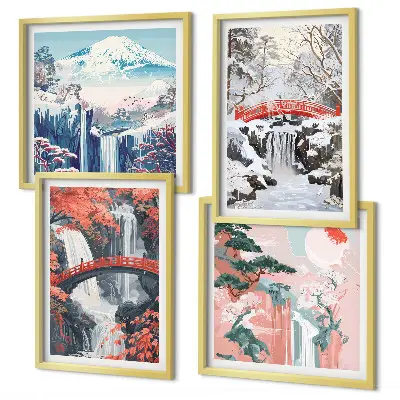 Multi-piece wall decor set featuring mountain landscapes and waterfalls