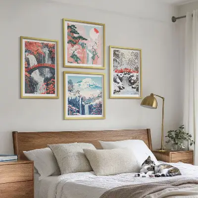 Multi-piece wall decor set featuring mountain landscapes and waterfalls