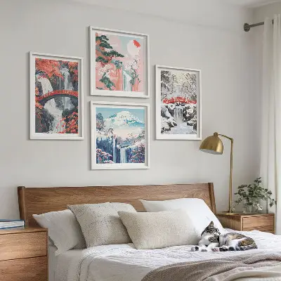 Multi-piece wall decor set featuring mountain landscapes and waterfalls