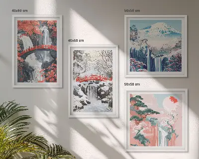 Multi-piece wall decor set featuring mountain landscapes and waterfalls
