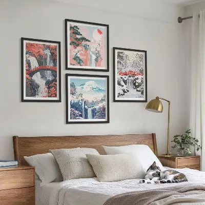 Multi-piece wall decor set featuring mountain landscapes and waterfalls