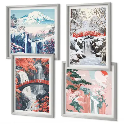 Multi-piece wall decor set featuring mountain landscapes and waterfalls