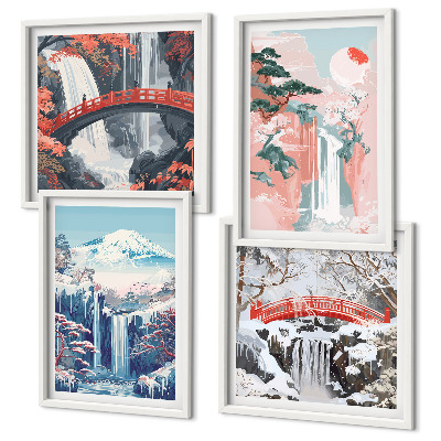 Set of 4 wall art pieces Waterfalls mountains bridge trees