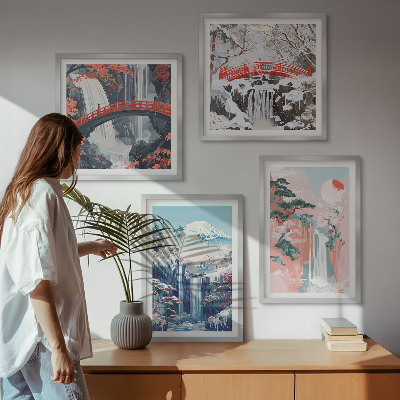 Set of 4 wall art pieces Waterfalls mountains bridge trees