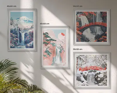 Waterfalls, mountains, bridge, and trees wall art set set of 4 pieces