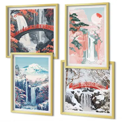 Waterfalls, mountains, bridge, and trees wall art set set of 4 pieces