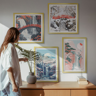 Set of 4 wall art pieces Waterfalls mountains bridge trees