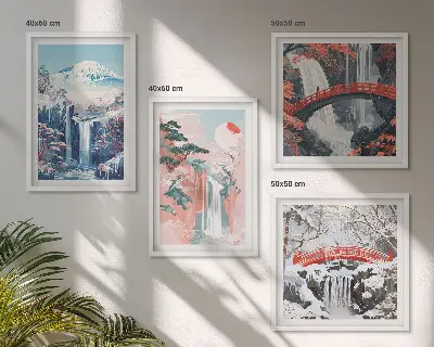 Waterfalls, mountains, bridge, and trees wall art set set of 4 pieces