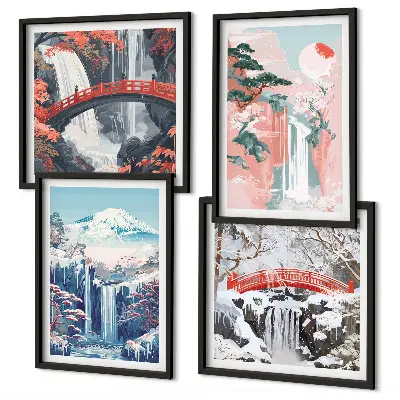 Waterfalls, mountains, bridge, and trees wall art set set of 4 pieces