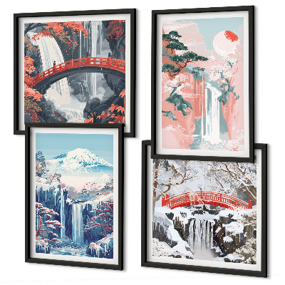 Set of 4 wall art pieces Waterfalls mountains bridge trees