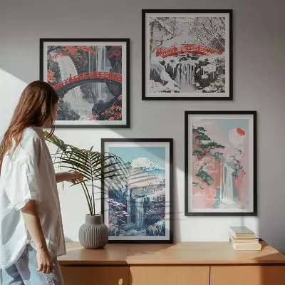 Waterfalls, mountains, bridge, and trees wall art set set of 4 pieces